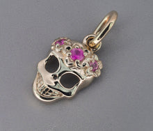 Load image into Gallery viewer, Gold skull pendant. Memento Mori gold charm pendant with sapphire. Pink sapphire pendant. Gold talisman charm. Halloween Skeleton pendant