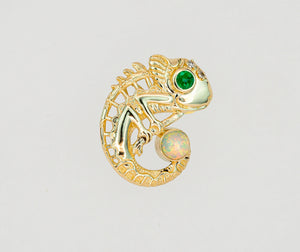 Chameleon pendant with opal, emerald and diamonds. 14k Gold Chameleon Charm. Reptile Charm. Lizard pendant. Animal Jewelry, Wildlife Jewelry