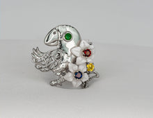 Load image into Gallery viewer, 14k gold Parrot pendant. Pendant with emerald, sapphires, ruby and mother of pearl carved flowers. Bird charm. Cockatoo, Animal Jewelry.