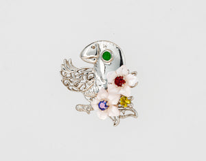 14k gold Parrot pendant. Pendant with emerald, sapphires, ruby and mother of pearl carved flowers. Bird charm. Cockatoo, Animal Jewelry.