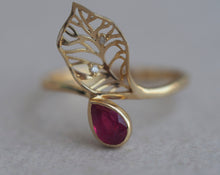 Load image into Gallery viewer, 14k gold ring with ruby. Flower ring. Leaf ring. Dainty ring. Gemstone ring. Gold Ring. Floral jewelry. Genuine ruby ring.