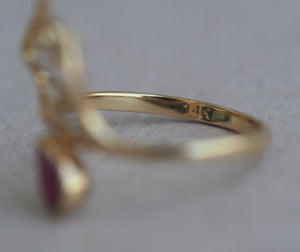 14k gold ring with ruby. Flower ring. Leaf ring. Dainty ring. Gemstone ring. Gold Ring. Floral jewelry. Genuine ruby ring.