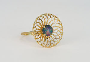 14k solid gold ring with natural black opal. Geometric ring Dainty colorful opal ring. Anniversary Gift. Unique Floral Ring. Ethiopian opal.