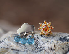 Load image into Gallery viewer, 14k Solid Gold Earrings. Weather inspired earrings. Natural topaz briolette studs. Natural sapphire studs. Teardrop earrings