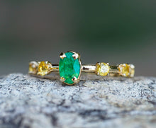 Load image into Gallery viewer, Oval Emerald ring. Sapphires ring. 14k gold ring. Minimalist emerald ring. Emerald engagement ring. May Birthstone Ring. Eternity ring band.