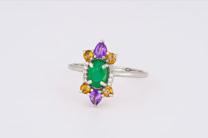 14k solid gold ring with oval Emerald, Amethysts, Sapphires, Diamonds. Colorful ring. Rainbow ring. Multi Color Natural Gemstone Ring.