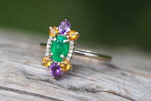 14k solid gold ring with oval Emerald, Amethysts, Sapphires, Diamonds. Colorful ring. Rainbow ring. Multi Color Natural Gemstone Ring.