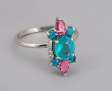 Load image into Gallery viewer, Paraiba Apatite ring. 14k Gold ring with oval Apatite, Sapphires, Diamonds. Colorful ring. Rainbow ring. Multi Color Natural Gemstone Ring.