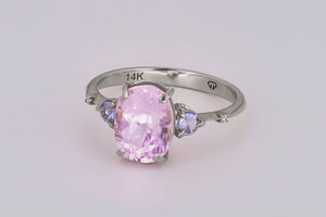 Kunzite, tanzanite and diamonds gold ring. Lavender, Pink Kunzite ring. Tender promise ring for her.  Alternative engagement ring