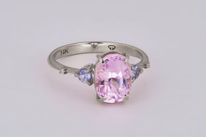 Kunzite, tanzanite and diamonds gold ring. Lavender, Pink Kunzite ring. Tender promise ring for her.  Alternative engagement ring