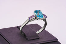 Load image into Gallery viewer, 14k gold Topaz and Iolite ring. Octagon topaz ring. Art Deco ring. Topaz Statement Ring. Trilogy Engagement Ring. Sky blue topaz ring.