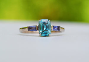 14k gold Topaz and Iolite ring. Octagon topaz ring. Art Deco ring. Topaz Statement Ring. Trilogy Engagement Ring. Sky blue topaz ring.