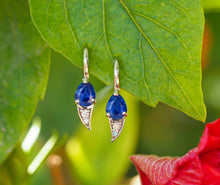 Load image into Gallery viewer, Genuine 1.5 ct sapphire earrings. 14k solid gold earrings. Pear sapphires earrings. Blue gemstone earrings. Small tiny delicate earrings.