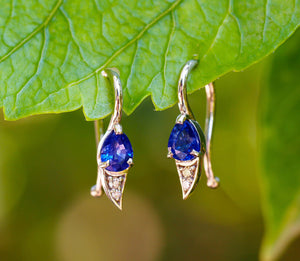 Genuine 1.5 ct sapphire earrings. 14k solid gold earrings. Pear sapphires earrings. Blue gemstone earrings. Small tiny delicate earrings.