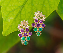 Load image into Gallery viewer, Solid 14k gold Grape Earrings with emeralds and amethysts. Vine Leaves Earrings. Gold fertility Earrings. Plant. Leaves. Floral earrings