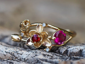 Genuine Ruby, garnet and diamonds gold ring, Statement ruby ring. July birthstone ring. Flower gold ring. Orchid gold ring.