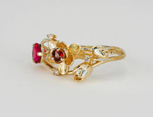 Load image into Gallery viewer, Genuine Ruby, garnet and diamonds gold ring, Statement ruby ring. July birthstone ring. Flower gold ring. Orchid gold ring.