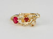 Load image into Gallery viewer, Genuine Ruby, garnet and diamonds gold ring, Statement ruby ring. July birthstone ring. Flower gold ring. Orchid gold ring.