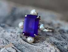 Load image into Gallery viewer, 14k gold Amethyst, Pearls, Sapphires, Diamonds ring. Purple gemstone Ring. Baguette cut engagement ring. Cocktail ring. February birthstone