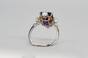 14k gold Amethyst, Pearls, Sapphires, Diamonds ring. Purple gemstone Ring. Baguette cut engagement ring. Cocktail ring. February birthstone