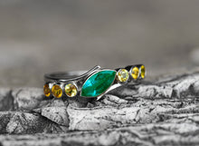 Load image into Gallery viewer, 14k gold ring with Emerald. Marquise emerald ring. Yellow sapphire ring. Minimalist emerald ring. Emerald engagement ring. May Birthstone.