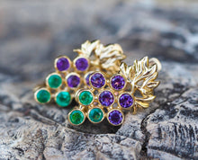 Load image into Gallery viewer, Solid 14k gold Grape Earrings with emeralds and amethysts. Vine Leaves Earrings. Gold fertility Earrings. Plant. Leaves. Floral earrings