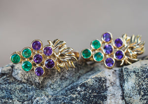 Solid 14k gold Grape Earrings with emeralds and amethysts. Vine Leaves Earrings. Gold fertility Earrings. Plant. Leaves. Floral earrings