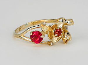 Genuine Ruby, garnet and diamonds gold ring, Statement ruby ring. July birthstone ring. Flower gold ring. Orchid gold ring.