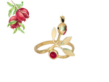 Load image into Gallery viewer, Genuine Ruby solid gold ring. Pomegranate tree ring.  Cabochon ruby ring.  Statement ruby ring. July birthstone. Flower ring. Fruit ring.