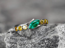 Load image into Gallery viewer, 14k gold ring with Emerald. Marquise emerald ring. Yellow sapphire ring. Minimalist emerald ring. Emerald engagement ring. May Birthstone.