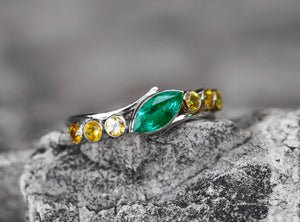 14k gold ring with Emerald. Marquise emerald ring. Yellow sapphire ring. Minimalist emerald ring. Emerald engagement ring. May Birthstone.
