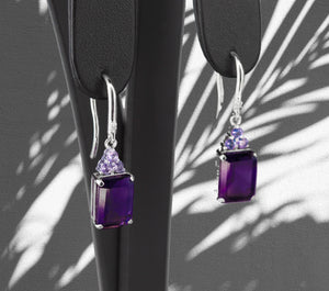 Amethyst earrings. Tanzanite earrings. 14k solid gold earrings. Octagon Shape Gemstone earrings. Purple gemstone earrings. Dangle earrings.