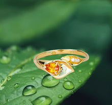 Load image into Gallery viewer, Natural sapphire ring. Calla Lily gold ring. September birthstone ring. Flower gold ring. Yellow sapphire ring. Leaf Ring. Pear sapphire