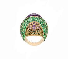 Load image into Gallery viewer, Amethyst, emeralds and diamonds gold ring. 40 ct Amethyst cocktail ring. Amethyst cabochon ring. Statement ring. Fashion ring. Pantone 2022
