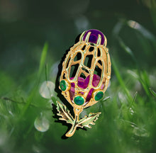 Load image into Gallery viewer, Amethyst Flower Bud Pendant. 14k gold pendant with amethyst and emeralds. Leaves pendant. &quot;Floating Stones&quot; pendant. February birthstone.