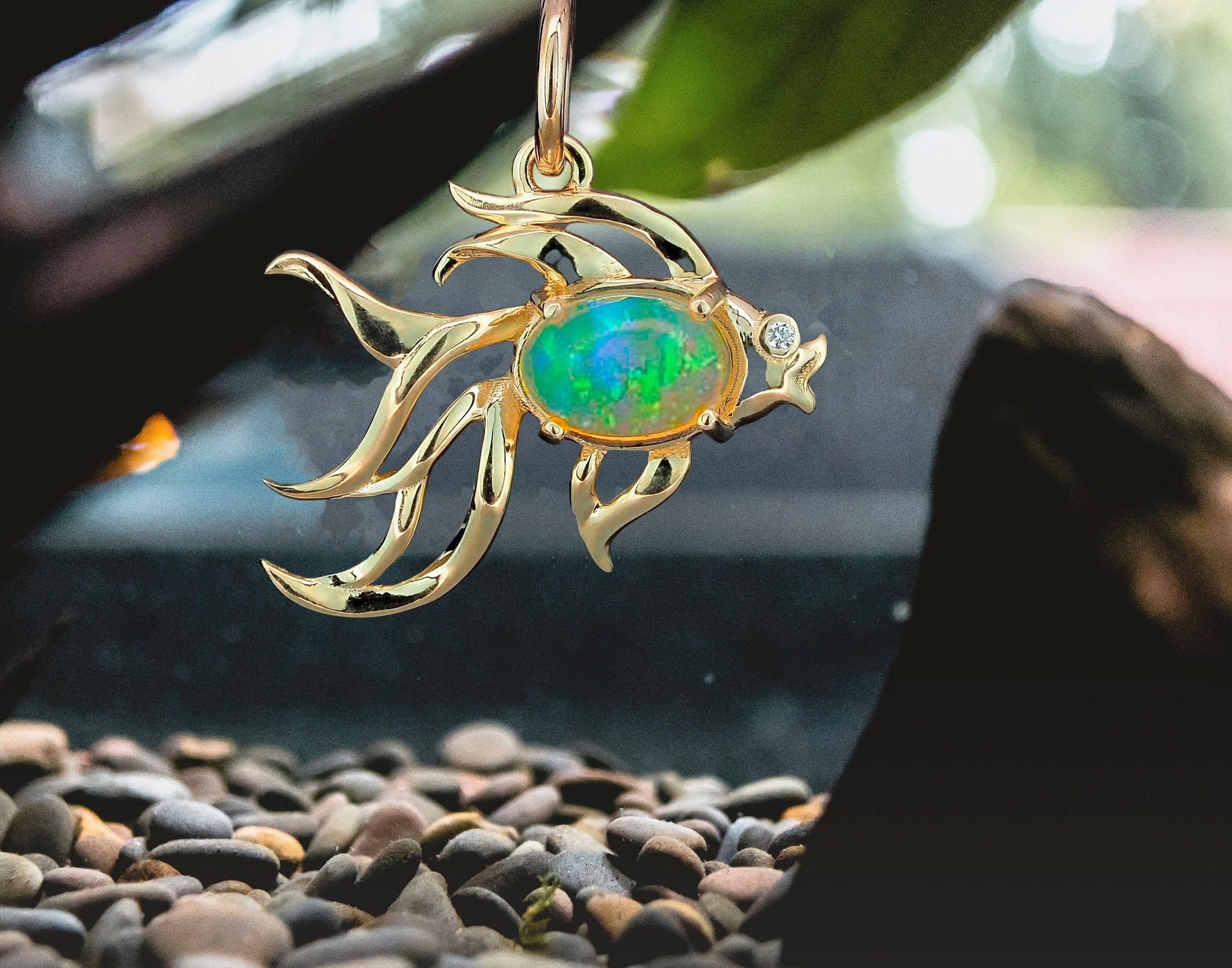 Opal gold pendant. Gold Fish pendant. Animal Little Fish 14K Gold Char –  daizyjewellery