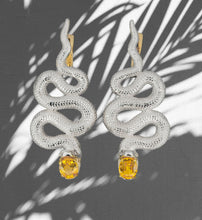 Load image into Gallery viewer, Snake earrings.  Genuine yellow sapphires earrings. Two metal earrings: gold, silver. Serpent Earrings for Women Large