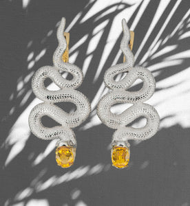 Snake earrings.  Genuine yellow sapphires earrings. Two metal earrings: gold, silver. Serpent Earrings for Women Large