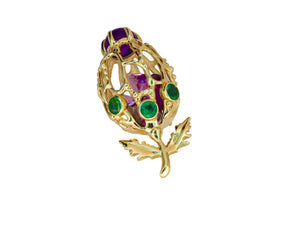 Amethyst Flower Bud Pendant. 14k gold pendant with amethyst and emeralds. Leaves pendant. "Floating Stones" pendant. February birthstone.