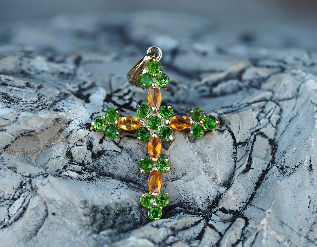 14k gold cross pendant. Opals and chrome diopsides pendant. Colored Gemstones Cross Jewelry. Marquise shaped opals pendant. Rainbow cross.