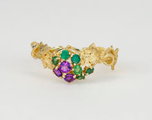 Load image into Gallery viewer, Solid 14k solid gold Grape ring with natural emeralds and amethysts. Vine Leaves Ring. Gold fertility ring. Summer vine ring. Plant ring.