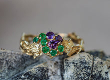 Load image into Gallery viewer, Solid 14k solid gold Grape ring with natural emeralds and amethysts. Vine Leaves Ring. Gold fertility ring. Summer vine ring. Plant ring.
