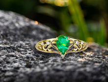 Load image into Gallery viewer, Pear emerald ring. 14k gold ring with Emerald and diamonds. Tiara emerald ring. Emerald Crown Ring. Emerald Engagement ring. May Birthstone.