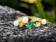 Load image into Gallery viewer, Natural oval emerald ring. Natural emerald and pearl ring. 14k solid gold ring. Statement ring. Dinner ring. May birthstone ring. Plant ring