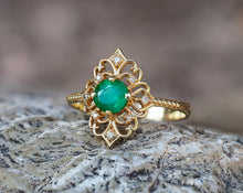 Load image into Gallery viewer, Round emerald ring. 14k solid gold ring with Emerald and diamonds. Vintage emerald ring. Dainty Emerald engagement ring. May Birthstone Ring