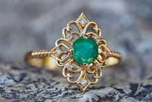 Load image into Gallery viewer, Round emerald ring. 14k solid gold ring with Emerald and diamonds. Vintage emerald ring. Dainty Emerald engagement ring. May Birthstone Ring