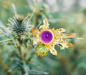 Thistle ring. Amethyst 14k solid gold ring. Scottish Thistle Ring. Flower gold ring. Amethyst ring. Purple gem ring. February birthstone.