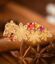 Load image into Gallery viewer, Sapphire gold ring. Star Anise Flower ring. Orange red sapphires ring. Amethysts ring. Botanical Jewelry. Cluster ring. September birthstone