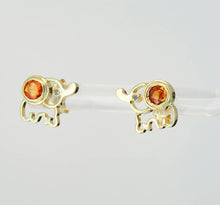Load image into Gallery viewer, 14k gold citrine earrings studs. Gold elephant earrings studs. Animal earrings. Round citrines studs. Safari Jewelry. November birthstone