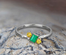 Load image into Gallery viewer, 14k solid gold emerald ring. Baguette emerald ring. Minimalist ring. Tiny ring. Delicate ring. Emerald engagement ring. May Birthstone Ring.